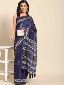 Silk Land - Womens Pure Cotton Navy Blue Block Print Saree with Unstitched Blouse
