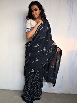 Chidiyaa - Blue Floret Hand Blockprinted Cotton Saree
