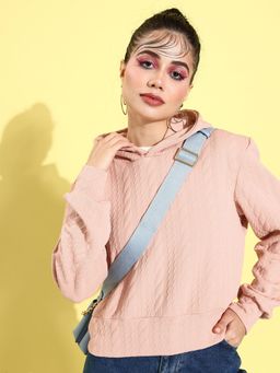 ANVI Be Yourself - Women Pink Self Design Hooded Sweatshirt