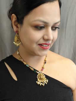 GRIIHAM - Premium Sayara Collection Elegant Laxmi Cz Necklace Set with Navratna Stones