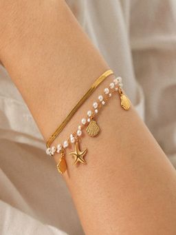 AQUASTREET - Shell and Pearl 18K Gold Plated Waterproof Anti-Tarnish Bracelets (Pack of 3)
