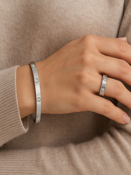 AQUASTREET - Round Zircon 18K Silver Plated Waterproof Anti-Tarnish Openable Bracelet and Ring