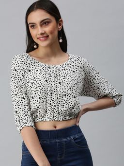 SHOWOFF - Women Round Neck Three Fourth Sleeves Polka Dot White Crop Top