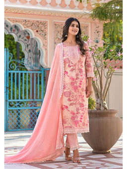 Zari Jaipur - Peach Printed Kurta with Embroidery (Set of 3)