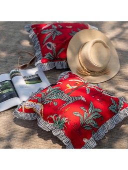 House of Ekam - Red Tropical Dreams Ruffle Cushion Cover