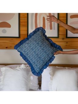 House of Ekam - Indigo Chevron Ruffle Cushion Cover