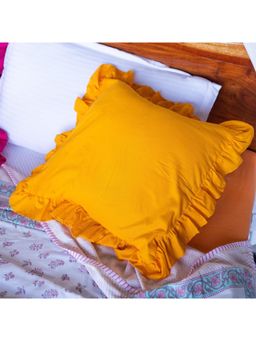 House of Ekam - Solid Yellow Ruffle Cushion Cover