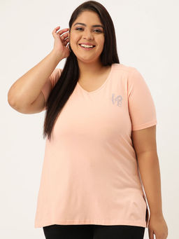 theRebelinme - Plus Size Womens Light Peach Solid Color V-Neck Cotton T-Shirt