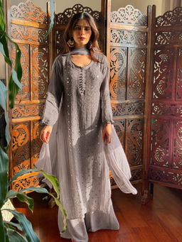 Label Aishwaryrika - Glacier Grey Chikankari And Mukaish Ring Work Kurta
