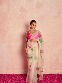 JATRIQQ - White Soft Tabby Organza Printed Saree with Unstitched Blouse