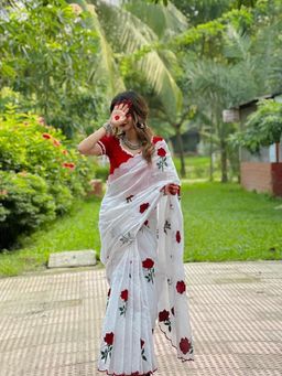 JATRIQQ - White Soft Chanderi Cotton with Thread Work Saree with Fully Stitched Blouse