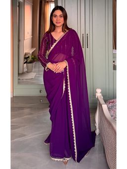 Label Kanupriya - Purple Georgette Zari Work Saree with Stitched Blouse