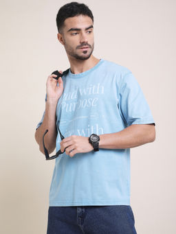 Difference of Opinion - Mens Blue Oversized Acid Wash Typography T-Shirt