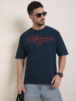 Difference of Opinion - Mens Navy Blue Oversized Embroidery T-Shirt