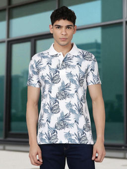 Kryptic - Men Blue Cotton Floral Printed Polo T-Shirt