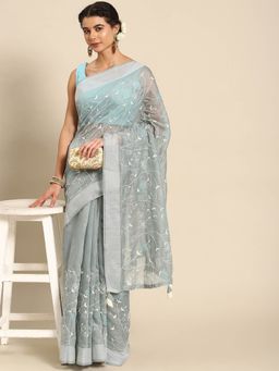 Odette - Blue Cotton Embroidered Saree with Unstitched Blouse