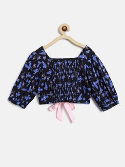 Tales & Stories - Girls Black Rayon Print Elbow Sleeve Top