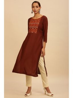 Soch - Brown Rayon Kurta with Embroidered Designs