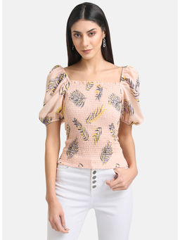 Kazo - Pink Printed Smocked Crop Top with Puff Sleeves