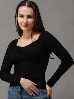 SHOWOFF - Womens Scoop Neck Black Fitted Regular Top