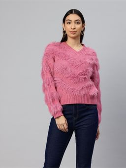 Pierre Carlo - Womens Pink Self Design Sweater