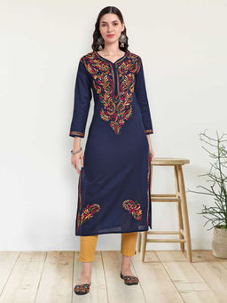 Seva Chikan - Hand Embroidered Navy Blue Cotton Lucknowi Chikankari Kurta