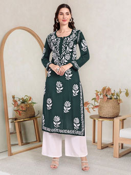 Seva Chikan - Hand Embroidered Green Modal Cotton Lucknowi Chikankari Kurta