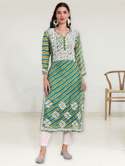 Seva Chikan - Hand Embroidered Green Kota Lucknowi Chikankari Kurta with Inner (Set of 2)