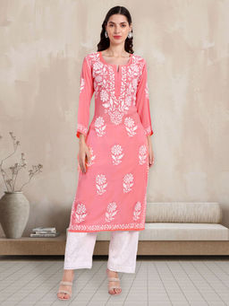 Seva Chikan - Hand Embroidered Peach Modal Cotton Lucknowi Chikankari Kurta