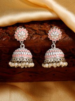 Estele - Rhodium Plated Traditional Pink & White Meenakari Jhumki Earrings for Women