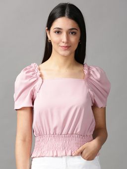 SHOWOFF - Womens Square Neck Cinched Waist Solid Pink Top