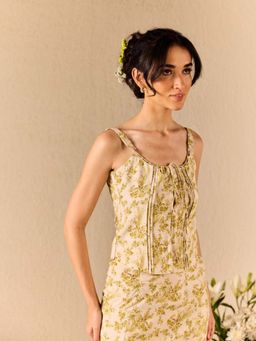 Old Marigold - Capri Cream And Green Cotton Floral Top