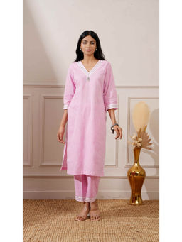 Ritivesh - Pink Chicken Cotton Straight Kurta with Pant (Set of 2)