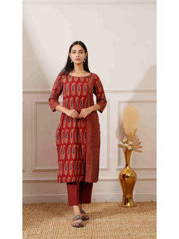 Ritivesh - Red Bagru Print Cotton Straight Kurta with Pant (Set of 2)