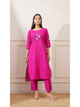 Ritivesh - Pink Slub Handloom Cotton Straight Kurta with Pant (Set of 2)