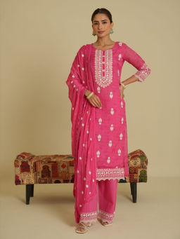 Sindh Fashion - Pink Semi Georgette Embroidered Kurta with Palazzo and Dupatta (Set of 3)