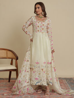 Sindh Fashion - Ivory Semi Georgette Printed Anarkali Kurta with Pant and Dupatta (Set of 3)