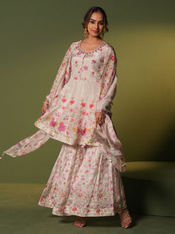 Sindh Fashion - Off White Semi Crepe Floral Printed Kurti with Sharara and Dupatta (Set of 3)