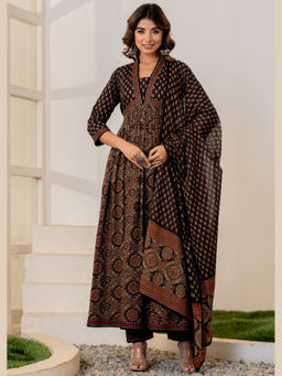 Sindh Fashion - Black Semi Cotton Printed Anarkali Kurta with Pant and Dupatta (Set of 3)