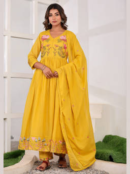 Sindh Fashion - Yellow Semi Cotton Embroidered Anarkali Kurta with Pant and Dupatta (Set of 3)