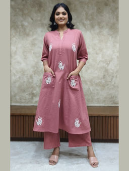 Sindh Fashion - Mauve Semi Cotton Embroidered Kurta with Palazzo (Set of 2)