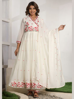 Sindh Fashion - White Semi Cotton Embroidered Angrakha Kurta with Pant and Dupatta (Set of 3)