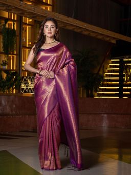 Beatitude - Purple Gold-Toned Woven Design Silk Blend Kanjeevaram Saree with Unstitched Blouse