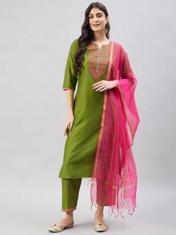 WineRed - Women Green Polyester Kurta with Palazzo and Dupatta
