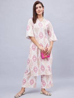 WineRed - Women Off White Cotton Kurta and Palazzo