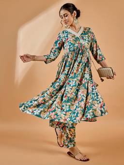 WineRed - Women Teal Rayon Kurta and Palazzo