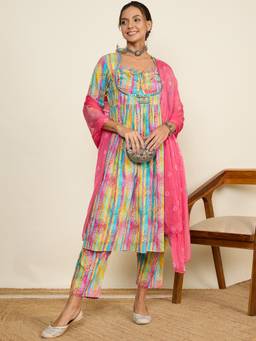 WineRed - Women Pink Cotton Kurta with Palazzo and Dupatta