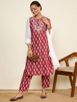WineRed - Women Maroon Cotton Kurta with Palazzo and Dupatta