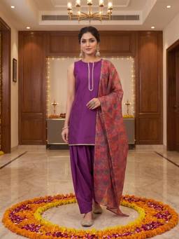 Ahalyaa - Women Purple Silk Blend Kurta with Salwar and Dupatta