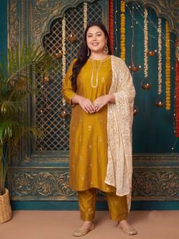 A plus by Ahalyaa - Women Mustard Silk Blend Kurta with Pant and Dupatta